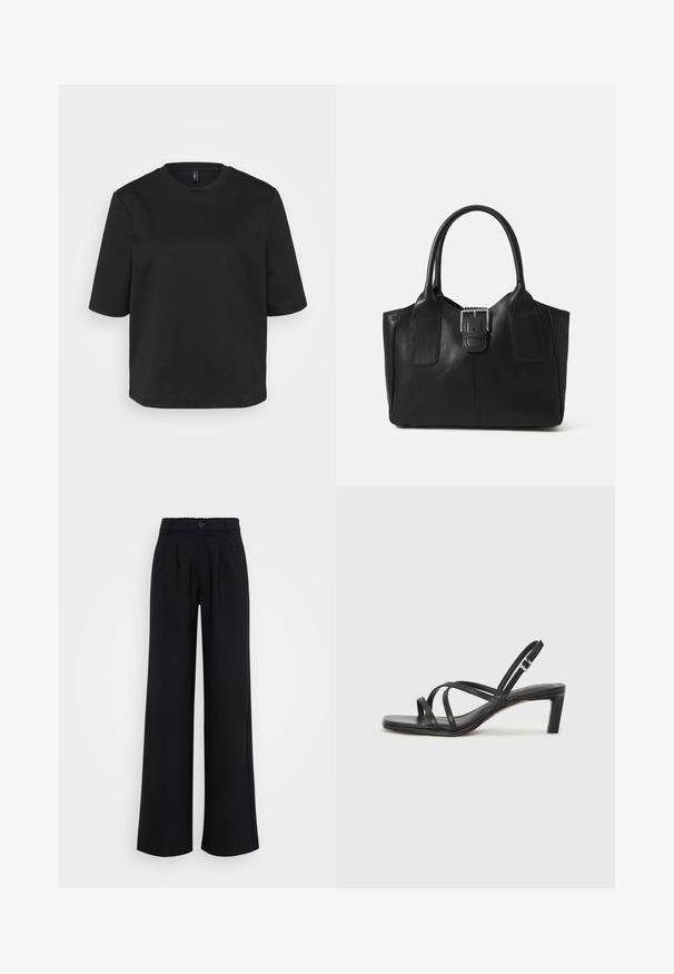 Černé tričko s kulatým výstřihem vyrobené z bavlny, s krátkými rukávy a volným střihem. Hladký povrch bez viditelných vzorů nebo akcentů.; Široké černé kalhoty z hladkého materiálu, s knoflíkovým zapínáním a jemnými sklady, vybavené elastickým pasem pro pohodlí.; Černé sandály na tenkém podpatku se čtveratou špičkou a nízkým blokovým podpatkem. Mají několik tenkých popruhů a nastavitelné zapínání okolo kotníku. Vyrobeny z hladké kůže.; Černá kožená tote taška s hladkým povrchem, strukturovaným tvarem, dvěma uchy a výrazným stříbrným detailem s přezkou na přední straně.