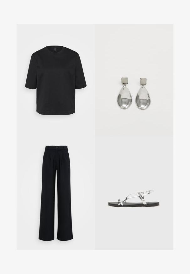 T-shirt nera a girocollo realizzata in cotone, con maniche corte e vestibilità comoda. Texture liscia senza motivi o dettagli visibili.; Pantaloni neri a gamba larga realizzati in tessuto liscio, con chiusura a bottone e pieghe sottili, dotati di una vita elasticizzata per il massimo comfort.; Sandali metallici argento con un design minimalista, caratterizzati da sottili cinturini e una suola piatta nera. Tra i dettagli ci sono accentuazioni con cinturini incrociati.; Orecchini a goccia in argento con perno quadrato, caratterizzati da una finitura liscia e lucidata e da una forma a goccia, che riflettono la luce grazie a una superficie lucida.