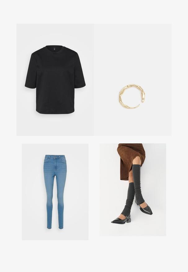 Must t-särk, millel on ümmargune kaelus, valmistatud puuvillast, lühikeste varrukatega ja lõdva lõikega. Sile tekstuur, ilma nähtavate mustrite või aktsendita.; Kitsad sinised teksapüksid kõrge vöökoht, ees taskud ja lukuga sulgemine. Omab kerget fade'i ja õmblusdetailid õmbluste äärtes.; Mustad patsaline odav värviga kingad, millel on kreen ja pahkluuring, on paaritatud hallide ribakudumitega sääremiidega ja pruunist nahast seelikuga.; Kuldtoonis sõrmus, millel on orgaaniline, keerdunud disain sileda tekstuuri ja kitsenevate otstega, luues kaasaegse skulptuurilise välimuse.