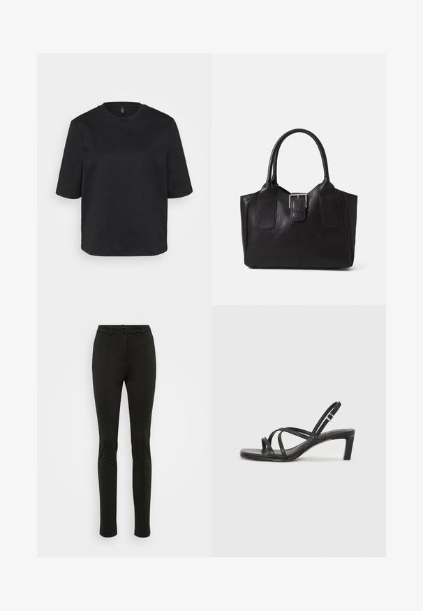 Čierny tričko s okrúhlym výstrihom vyrobené z bavlny, s krátkymi rukávmi a voľným strihom. Hladká textúra bez viditeľných vzorov alebo akcentov.; Čierne tailorované nohavice so slim fit strihom. Majú hladkú textúru, predné záhyby a jediné zapínanie na gombík v páse.; Čierne sandále na vysokom podpätku so štvorcovou špičkou a nízkym blokovým podpätkom. Obsahujú viacero tenkých popruhov a nastaviteľný členkový popruh. Vyrobené z hladkej kože.; Čierna kožená taška s hladkou textúrou, štruktúrovaným tvarom, dvoma uchami a výrazným strieborným prackovým detailom na prednej strane.