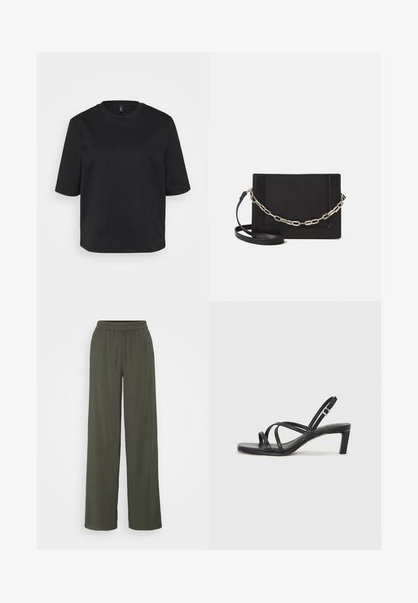 Black crew-neck t-shirt made of cotton, featuring short sleeves and a relaxed fit. Smooth texture with no visible patterns or accents.; Olive green wide-leg trousers with an elastic waistband and soft texture, featuring a relaxed fit and no visible patterns or embellishments.; Black strappy sandal with a square toe and a low block heel. Features multiple thin straps and an adjustable ankle strap. Made of smooth leather.; Black leather crossbody bag featuring a smooth texture, rectangular shape, and a metallic chain detail on the front. Adjustable strap included.
