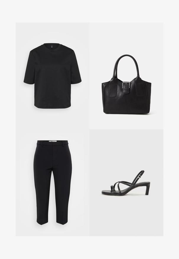 Black crew-neck t-shirt made of cotton, featuring short sleeves and a relaxed fit. Smooth texture with no visible patterns or accents.; Black trousers made of smooth fabric. They feature a tailored waist, belt loops, and cropped legs with a straight cut.; Black strappy sandal with a square toe and a low block heel. Features multiple thin straps and an adjustable ankle strap. Made of smooth leather.; Black leather tote bag with smooth texture, structured shape, two handles, and a prominent silver buckle detail on the front.