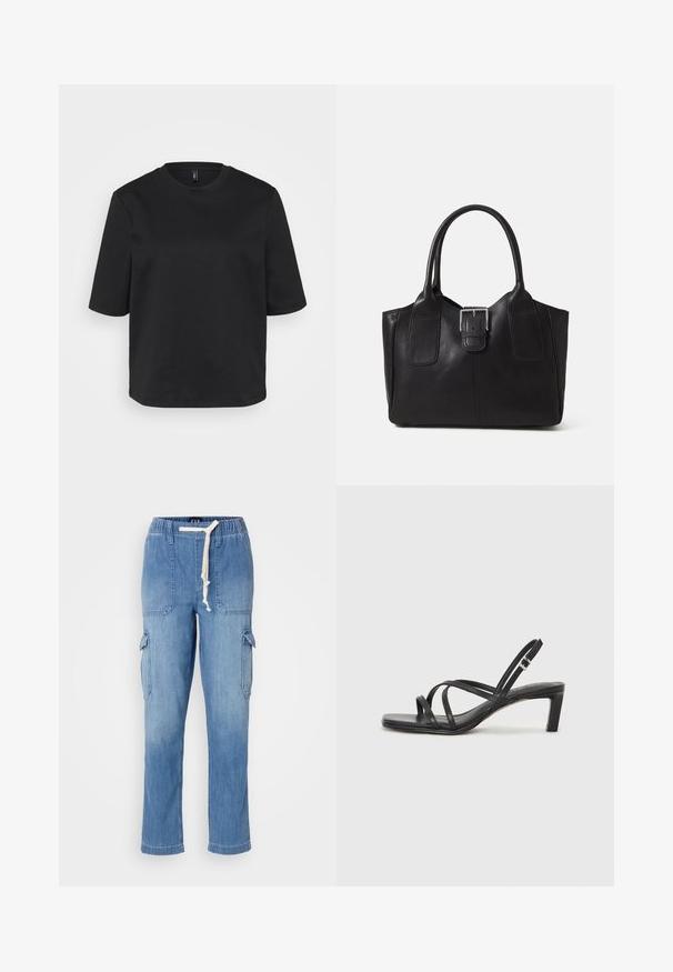 Fekete környakú pamut póló, rövid ujjal és laza fazonnal. Simaszövet, látható minták vagy díszítések nélkül.; Világoskék farmer cargo nadrág elasztikus derékkal, húzózsinórral, oldalsó zsebekkel és folt zsebekkel a combokon.; Fekete pántos szandál négyzetes orral és alacsony blokk sarkal. Több vékony pánttal és állítható boka pánttal rendelkezik. Sima bőrből készült.; Fekete bőr bevásárlótáska sima textúrával, strukturált formával, két fogantyúval és egy figyelemfelkeltő ezüst csattal az elején.