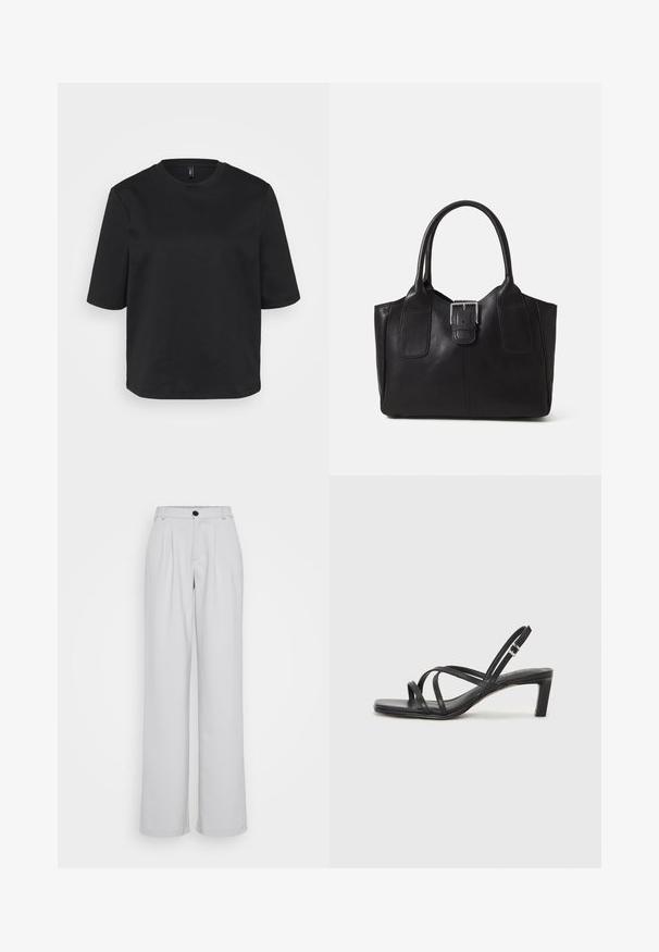 Čierny tričko s okrúhlym výstrihom vyrobené z bavlny, s krátkymi rukávmi a voľným strihom. Hladká textúra bez viditeľných vzorov alebo akcentov.; Svetlošedé široké nohavice s prednými záhybmi, priliehajúcim pásom a jedným čiernym gombíkom na zapínanie. Vyrobené z hladkej, textúrovanej tkaniny.; Čierne sandále na vysokom podpätku so štvorcovou špičkou a nízkym blokovým podpätkom. Obsahujú viacero tenkých popruhov a nastaviteľný členkový popruh. Vyrobené z hladkej kože.; Čierna kožená taška s hladkou textúrou, štruktúrovaným tvarom, dvoma uchami a výrazným strieborným prackovým detailom na prednej strane.