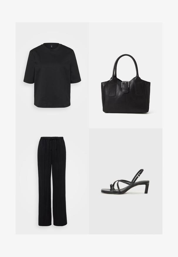 Must t-särk, millel on ümmargune kaelus, valmistatud puuvillast, lühikeste varrukatega ja lõdva lõikega. Sile tekstuur, ilma nähtavate mustrite või aktsendita.; Mustad, laiad püksid pehmest kangast, millel on elastne vöökoht ja tõmbluku nöör. Omab vertikaalseid voldikesi, et tagada mugav istuvus.; Mustast rihmajalatsid ruudukujulise varba ja madala ploki kontsaga. Omab mitmeid õhukesi rihmasid ja reguleeritavat pahkluu rihma. Valmistatud siledast nahast.; Mustgamma nahast kott, millel on sile tekstuur, struktureeritud kuju, kaks käepidet ja esiküljel silmapaistev hõbedane pandla detail.