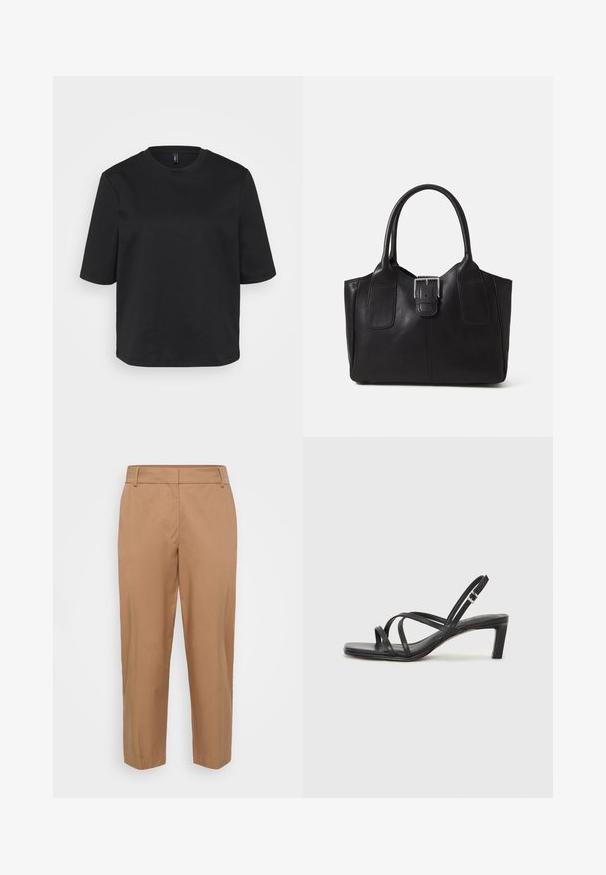 Čierny tričko s okrúhlym výstrihom vyrobené z bavlny, s krátkymi rukávmi a voľným strihom. Hladká textúra bez viditeľných vzorov alebo akcentov.; Béžové nohavice vyrobené z hladkej tkaniny, s rovnými nohavicami, šikmými prednými vreckami a čistým dokončením bez viditeľných zapínaní.; Čierne sandále na vysokom podpätku so štvorcovou špičkou a nízkym blokovým podpätkom. Obsahujú viacero tenkých popruhov a nastaviteľný členkový popruh. Vyrobené z hladkej kože.; Čierna kožená taška s hladkou textúrou, štruktúrovaným tvarom, dvoma uchami a výrazným strieborným prackovým detailom na prednej strane.