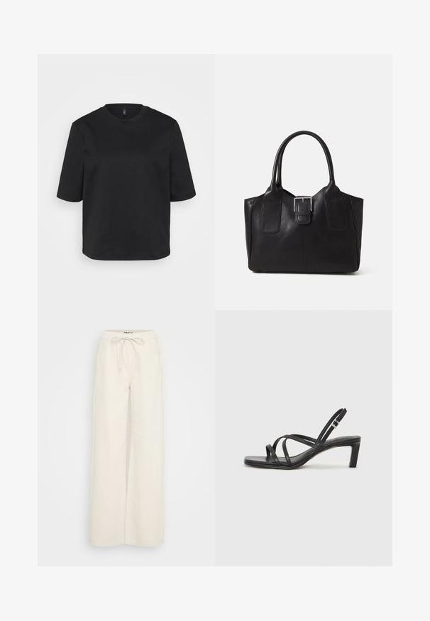 Melnā apģērbojamo crew-neck T-kreklā, izgatavotā no kokvilnas, ir īsas piedurknes un brīvs piegriezums. Gluda tekstūra bez redzamām rakstām vai akcentiem.; Platas kājas bikses off-white kokvilnas audumā, ar elastīgu jostu un auklu, kā arī sānu kabatām. Gluda virsma, minimālisma dizains.; Melnas strappy sandales ar kvadrātveida purngaliem un zemu bloku papēdi. Ievērojamas ar vairākiem plāniem siksniņām un regulējamu potītes siksniņu. Izgatavotas no gludas ādas.; Melnas ādas somiņa ar gludu tekstūru, strukturētu formu, divām rokturām un izteiktu sudraba sprādzi priekšpusē.