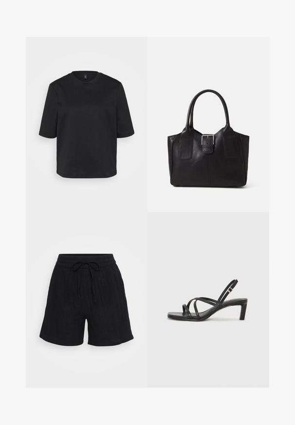 Črno majico s kratkimi rokavi iz bombaža z okrožnim ovratnikom, ki ima sproščen kroj. Gladka tekstura brez vidnih vzorcev ali akcentov.; Črne lanene kratke hlače z elastičnim pasom, nastavljivo vrvico in subtilno vertikalno teksturo. Ohlapen kroj, dolžina do sredine stegen.; Črne natikače s trakovi in kvadratnim prstom ter nizkim blokastim peto. Imajo več tankih trakov in nastavljiv trak okoli gležnja. Narejene so iz gladkega usnja.; Črna usnjena torba s gladko teksturo, strukturirano obliko, dvema ročkama in izrazitim srebrnim sponko na sprednji strani.