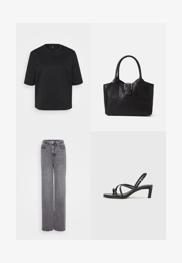 Črno majico s kratkimi rokavi iz bombaža z okrožnim ovratnikom, ki ima sproščen kroj. Gladka tekstura brez vidnih vzorcev ali akcentov.; Sive visoke kavbojke s ravnim krojem, z gumbom in zadrgo, petimi žepi in strukturirano denim končnico.; Črne natikače s trakovi in kvadratnim prstom ter nizkim blokastim peto. Imajo več tankih trakov in nastavljiv trak okoli gležnja. Narejene so iz gladkega usnja.; Črna usnjena torba s gladko teksturo, strukturirano obliko, dvema ročkama in izrazitim srebrnim sponko na sprednji strani.