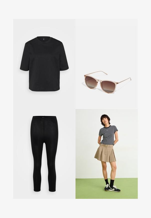 Črno majico s kratkimi rokavi iz bombaža z okrožnim ovratnikom, ki ima sproščen kroj. Gladka tekstura brez vidnih vzorcev ali akcentov.; Črne legice z gladko, sijočo teksturo, z visokim pasom in oprijetim krojem, primerne za različne aktivnosti.; T-shirt s črno-bešnimi črtami, bež nabran krilo, črni športni copati z belimi poudarki, oblečeni z črnimi nogavicami do gležnjev.; Rjavi gradient sončna očala s prozornim roza okvirjem, kvadratne oblike in tankimi kovinskimi ročaji. Imajo zaobljene robove in minimalne detajle.