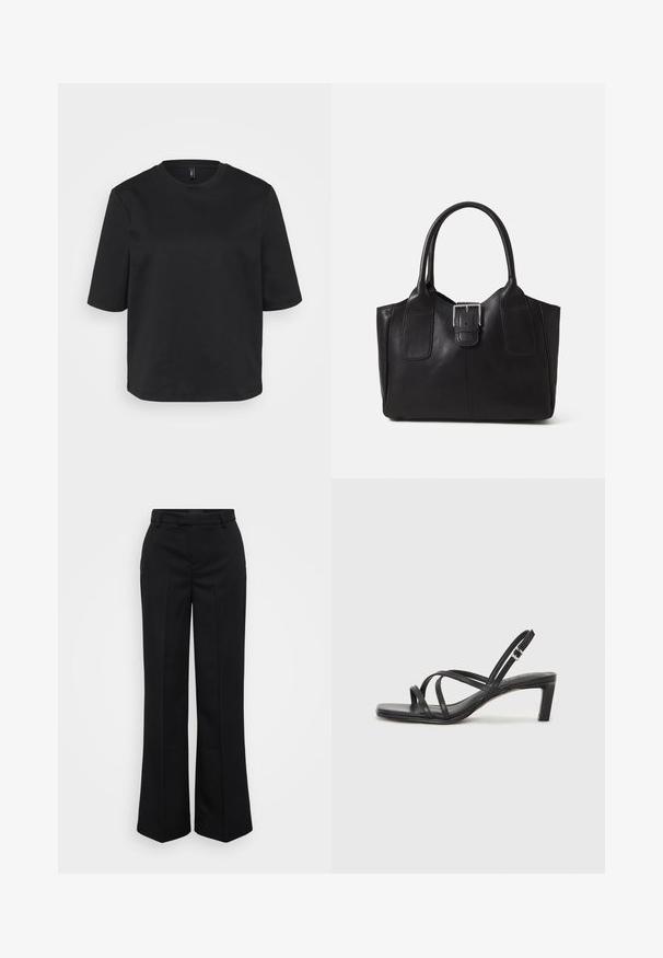 Crna majica s okruglim izrezom i kratkim rukavima napravljena od pamuka, s ležernim krojem. Glatka tekstura bez vidljivih uzoraka ili akcenta.; Gina Tricot Tall STRAIGHT TROUSERS - Hlače - black; Crne sandale s trakama, kvadratnim prstom i niskom blok petom. Ima više tankih trakica i podesivu trakicu oko gležnja. Izrađene su od glatke kože.; Crna kožna torba za nošenje s glatkom teksturom, strukturiranim oblikom, dvije ručke i istaknutim srebrnim kopčanjem na prednjoj strani.