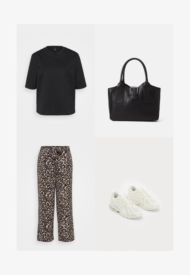 Melnā apģērbojamo crew-neck T-kreklā, izgatavotā no kokvilnas, ir īsas piedurknes un brīvs piegriezums. Gluda tekstūra bez redzamām rakstām vai akcentiem.; Plati legingi no mīksta auduma, ar leopardu rakstu beigu un melnā krāsā. Regulējama jostasvieta ar saišu detaļu.; Baltie sporta apavi ar sietveida un sintētiskiem materiāliem, ar auklām, mīkstināta apmales, un teksturētu zoli labākai saķerei. Vieglas konstrukcijas.; Melnas ādas somiņa ar gludu tekstūru, strukturētu formu, divām rokturām un izteiktu sudraba sprādzi priekšpusē.