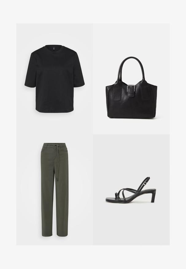 Μαύρο μπλουζάκι τύπου crew-neck φτιαγμένο από βαμβάκι, με κοντά μανίκια και άνετη εφαρμογή. Λεπτή υφή χωρίς ορατά σχέδια ή αξεσουάρ.; Πράσινα παντελόνια με φαρδιά πόδια, κατασκευασμένα από ελαφρύ ύφασμα, με ζώνη στη μέση, εμπρός τσέπες και λεία υφή.; Μαύρη σανδάλι με λουράκια και τετράγωνη μύτη, καθώς και χαμηλό μπλοκ τακούνι. Διαθέτει πολλαπλά λεπτά λουράκια και ρυθμιζόμενο λουράκι στον αστράγαλο. Κατασκευασμένο από λείο δέρμα.; Μαύρη δερμάτινη τσάντα tote με λείο υφή, δομημένο σχήμα, δύο λαβές και επιφανές ασημένιο κούμπωμα μπροστά.