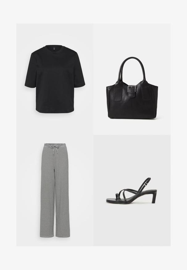 Fekete környakú pamut póló, rövid ujjal és laza fazonnal. Simaszövet, látható minták vagy díszítések nélkül.; Fekete-fehér csíkos, széles szárú nadrág, húzózsinórral a derékrészen. Puha anyag, laza szabás és függőleges csíkos mintázat jellemzi.; Fekete pántos szandál négyzetes orral és alacsony blokk sarkal. Több vékony pánttal és állítható boka pánttal rendelkezik. Sima bőrből készült.; Fekete bőr bevásárlótáska sima textúrával, strukturált formával, két fogantyúval és egy figyelemfelkeltő ezüst csattal az elején.