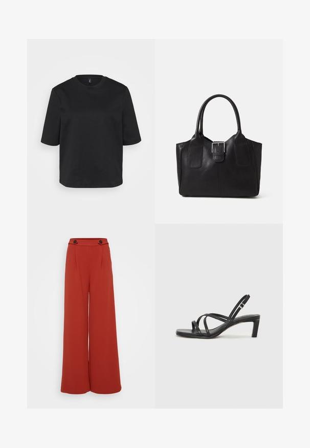 Čierny tričko s okrúhlym výstrihom vyrobené z bavlny, s krátkymi rukávmi a voľným strihom. Hladká textúra bez viditeľných vzorov alebo akcentov.; Svetločervené nohavice so širokými nohavicami z tmavočervenej látky. Obsahujú dve predné puky a dva gombíky na páse. Hladká textúra, príležitostný dizajn.; Čierne sandále na vysokom podpätku so štvorcovou špičkou a nízkym blokovým podpätkom. Obsahujú viacero tenkých popruhov a nastaviteľný členkový popruh. Vyrobené z hladkej kože.; Čierna kožená taška s hladkou textúrou, štruktúrovaným tvarom, dvoma uchami a výrazným strieborným prackovým detailom na prednej strane.