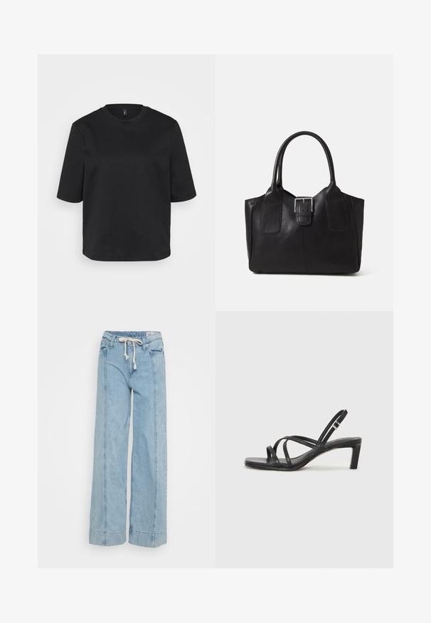 Μαύρο μπλουζάκι τύπου crew-neck φτιαγμένο από βαμβάκι, με κοντά μανίκια και άνετη εφαρμογή. Λεπτή υφή χωρίς ορατά σχέδια ή αξεσουάρ.; Ανοιχτό μπλε τζιν παντελόνι σε φαρδιά γραμμή από denim. Διαθέτει μέση με κορδόνι, διακριτές ραφές και γυρισμένα στρίφωτα.; Μαύρη σανδάλι με λουράκια και τετράγωνη μύτη, καθώς και χαμηλό μπλοκ τακούνι. Διαθέτει πολλαπλά λεπτά λουράκια και ρυθμιζόμενο λουράκι στον αστράγαλο. Κατασκευασμένο από λείο δέρμα.; Μαύρη δερμάτινη τσάντα tote με λείο υφή, δομημένο σχήμα, δύο λαβές και επιφανές ασημένιο κούμπωμα μπροστά.