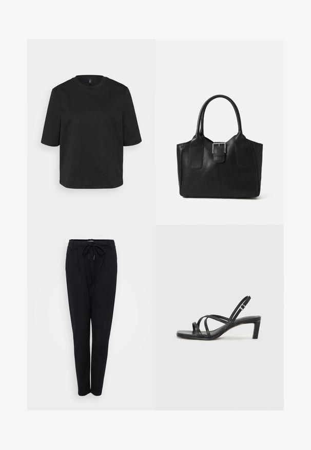 Melnā apģērbojamo crew-neck T-kreklā, izgatavotā no kokvilnas, ir īsas piedurknes un brīvs piegriezums. Gluda tekstūra bez redzamām rakstām vai akcentiem.; Melni piegriezti bikses ar aukliņu jostu, šaurām kājām un gludu tekstūru. Iekļautas sānu kabatas un tīrs, minimāls dizains.; Melnas strappy sandales ar kvadrātveida purngaliem un zemu bloku papēdi. Ievērojamas ar vairākiem plāniem siksniņām un regulējamu potītes siksniņu. Izgatavotas no gludas ādas.; Melnas ādas somiņa ar gludu tekstūru, strukturētu formu, divām rokturām un izteiktu sudraba sprādzi priekšpusē.