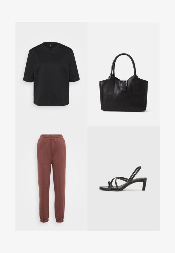Čierny tričko s okrúhlym výstrihom vyrobené z bavlny, s krátkymi rukávmi a voľným strihom. Hladká textúra bez viditeľných vzorov alebo akcentov.; Hnedé jogger nohavice s elastickým pásom, rebrovanými manžetami, hladkou textúrou a predným švom. Vhodné na voľný čas.; Čierne sandále na vysokom podpätku so štvorcovou špičkou a nízkym blokovým podpätkom. Obsahujú viacero tenkých popruhov a nastaviteľný členkový popruh. Vyrobené z hladkej kože.; Čierna kožená taška s hladkou textúrou, štruktúrovaným tvarom, dvoma uchami a výrazným strieborným prackovým detailom na prednej strane.