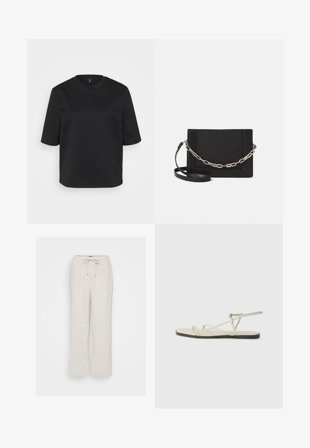 T-shirt noir à col rond en coton, avec des manches courtes et une coupe décontractée. Texture lisse sans motifs ni accents visibles.; Pantalons en lin beige clair avec une coupe décontractée, taille élastique et cordon de serrage ajustable. Présente une texture subtile et des jambes larges.; Sandale plate beige avec plusieurs fines lanières et une boucle réglable. La semelle est plate avec un léger contraste sombre sur le bord.; Sac bandoulière en cuir noir avec une texture lisse, de forme rectangulaire et un détail en chaîne métallique à l'avant. Sangle réglable incluse.