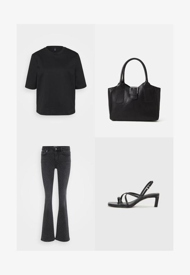 Camiseta negra de cuello redondo hecha de algodón, con mangas cortas y un corte relajado. Textura suave sin patrones o acentos visibles.; Vaqueros de campana negros hechos de denim, con adornos de tachuelas metálicas por toda la prenda. Cinco bolsillos y cierre de botón en la parte delantera.; Sandalia negra de tiras con punta cuadrada y tacón bajo de bloque. Presenta múltiples tiras delgadas y una correa ajustable en el tobillo. Fabricada en cuero suave.; Bolso tote de cuero negro con textura suave, forma estructurada, dos asas y un prominente detalle de hebilla plateada en la parte frontal.