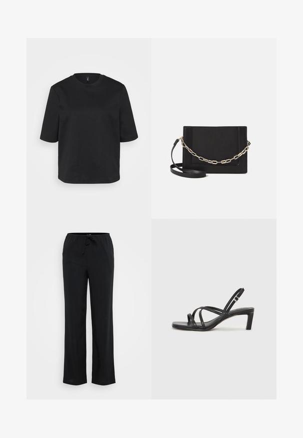 Črno majico s kratkimi rokavi iz bombaža z okrožnim ovratnikom, ki ima sproščen kroj. Gladka tekstura brez vidnih vzorcev ali akcentov.; Vero Moda Tall VMBERLIN WIDE PANEL - Hlače - black; Črne natikače s trakovi in kvadratnim prstom ter nizkim blokastim peto. Imajo več tankih trakov in nastavljiv trak okoli gležnja. Narejene so iz gladkega usnja.; Črna usnjena torba čez ramo z gladko teksturo, pravokotno obliko in kovinskim verižnim detajlom spredaj. Vključena je nastavljiva naramnica.