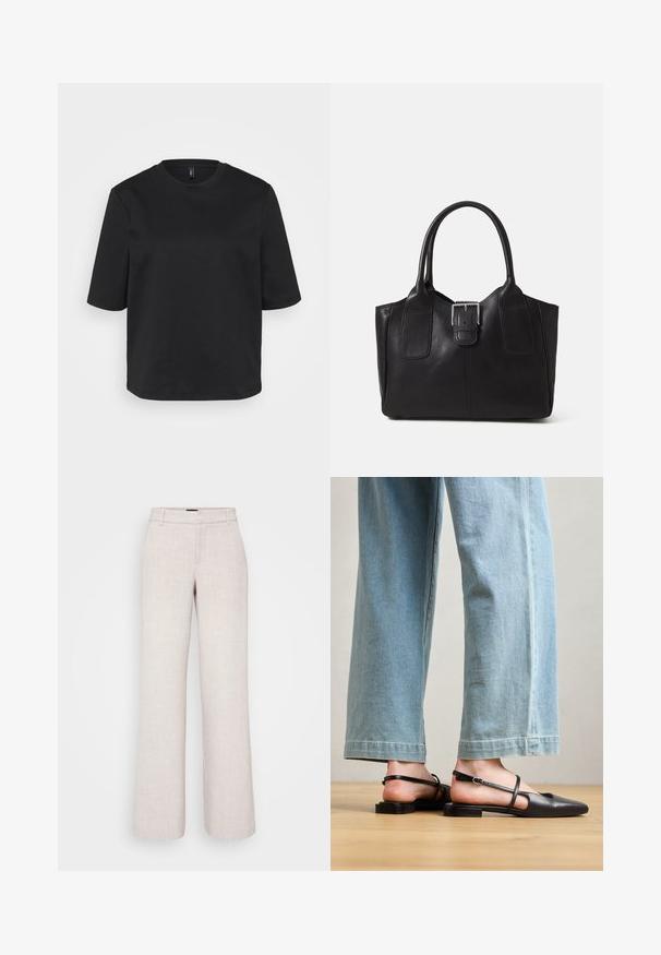 Črno majico s kratkimi rokavi iz bombaža z okrožnim ovratnikom, ki ima sproščen kroj. Gladka tekstura brez vidnih vzorcev ali akcentov.; Svetlo bež široke hlače iz teksturiranega materiala, z ravnim sprednjim delom, pasom s pravočasnimi zankami in stranskimi žepi.; Črne usnjene škornje s usnjenim trakom, koničastim nosom, nizkim petam in trakovi okoli gležnja; nosi se z svetlo modrimi širokimi hlačami.; Črna usnjena torba s gladko teksturo, strukturirano obliko, dvema ročkama in izrazitim srebrnim sponko na sprednji strani.; Srebrne uhani v obliki rože z teksturirano površino, ki imajo dolge kavljice in podrobnosti, podobne cvetnim listom, kar ustvarja zapleten dizajn.