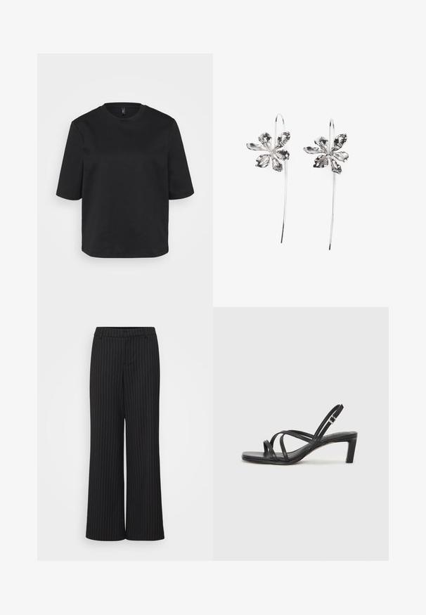 Svart t-skjorte med rund hals laget av bomull, med korte ermer og avslappet passform. Glatt tekstur uten synlige mønstre eller detaljer.; Svarte vide bukser med hvite striper, laget av glatt stoff, med flat midje og skreddersydd design for en strukturert passform.; Sorte sandaler med stropper, firkantet tå og lav blokk hæl. Har flere tynne stropper og en justerbar ankelstropp. Laget av glatt lær.; Sølvblomstformede ørevipper med en teksturfinish, der har lange kroker og kronbladlignende detaljer for et intrikat design.