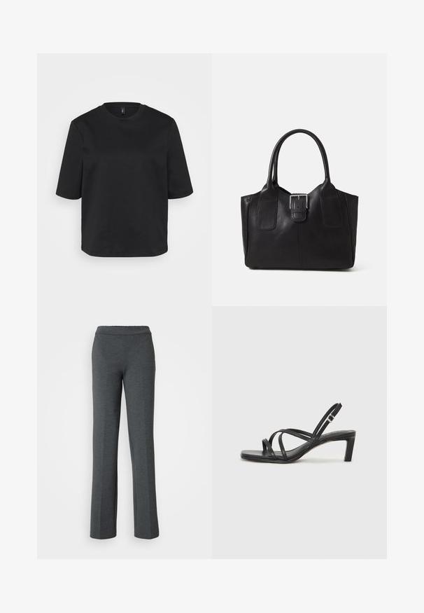 Μαύρο μπλουζάκι τύπου crew-neck φτιαγμένο από βαμβάκι, με κοντά μανίκια και άνετη εφαρμογή. Λεπτή υφή χωρίς ορατά σχέδια ή αξεσουάρ.; Γκρι, ελαφριά, φαρδιά παντελόνια με ελαστική μέση. Λείος υφασμάτινος χαρακτήρας και απλός σχεδιασμός, κατάλληλα για καθημερινές εμφανίσεις.; Μαύρη σανδάλι με λουράκια και τετράγωνη μύτη, καθώς και χαμηλό μπλοκ τακούνι. Διαθέτει πολλαπλά λεπτά λουράκια και ρυθμιζόμενο λουράκι στον αστράγαλο. Κατασκευασμένο από λείο δέρμα.; Μαύρη δερμάτινη τσάντα tote με λείο υφή, δομημένο σχήμα, δύο λαβές και επιφανές ασημένιο κούμπωμα μπροστά.