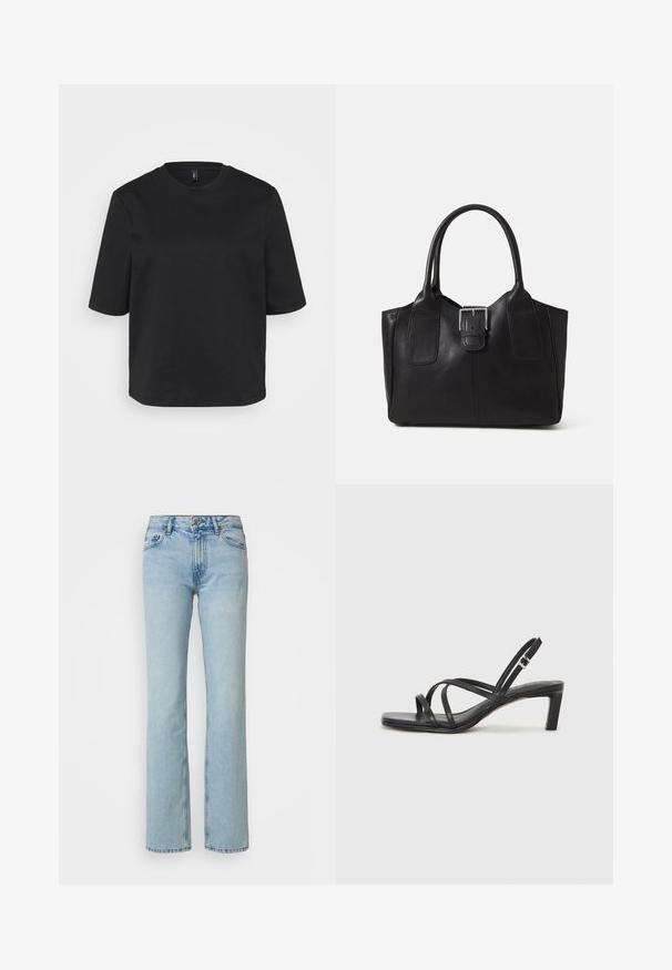 Must t-särk, millel on ümmargune kaelus, valmistatud puuvillast, lühikeste varrukatega ja lõdva lõikega. Sile tekstuur, ilma nähtavate mustrite või aktsendita.; Gina Tricot Tall LOW - Sirgete säärtega teksad - light blue; Mustast rihmajalatsid ruudukujulise varba ja madala ploki kontsaga. Omab mitmeid õhukesi rihmasid ja reguleeritavat pahkluu rihma. Valmistatud siledast nahast.; Mustgamma nahast kott, millel on sile tekstuur, struktureeritud kuju, kaks käepidet ja esiküljel silmapaistev hõbedane pandla detail.
