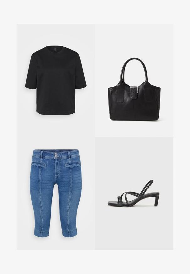 Černé tričko s kulatým výstřihem vyrobené z bavlny, s krátkými rukávy a volným střihem. Hladký povrch bez viditelných vzorů nebo akcentů.; Modré denimové capri kalhoty s přiléhavým střihem, dvěma předními kapsami a ohrnutým lemem. Materiál má hladkou texturu s mírným vyblednutím.; Černé sandály na tenkém podpatku se čtveratou špičkou a nízkým blokovým podpatkem. Mají několik tenkých popruhů a nastavitelné zapínání okolo kotníku. Vyrobeny z hladké kůže.; Černá kožená tote taška s hladkým povrchem, strukturovaným tvarem, dvěma uchy a výrazným stříbrným detailem s přezkou na přední straně.