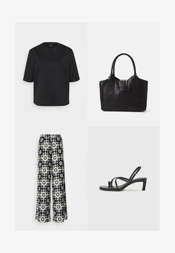 Črno majico s kratkimi rokavi iz bombaža z okrožnim ovratnikom, ki ima sproščen kroj. Gladka tekstura brez vidnih vzorcev ali akcentov.; Široke hlače z črno-belimi vzorci, ki vključujejo motive sonca in školjk. Narejene so iz lahkega materiala z udobnim pasom.; Črne natikače s trakovi in kvadratnim prstom ter nizkim blokastim peto. Imajo več tankih trakov in nastavljiv trak okoli gležnja. Narejene so iz gladkega usnja.; Črna usnjena torba s gladko teksturo, strukturirano obliko, dvema ročkama in izrazitim srebrnim sponko na sprednji strani.