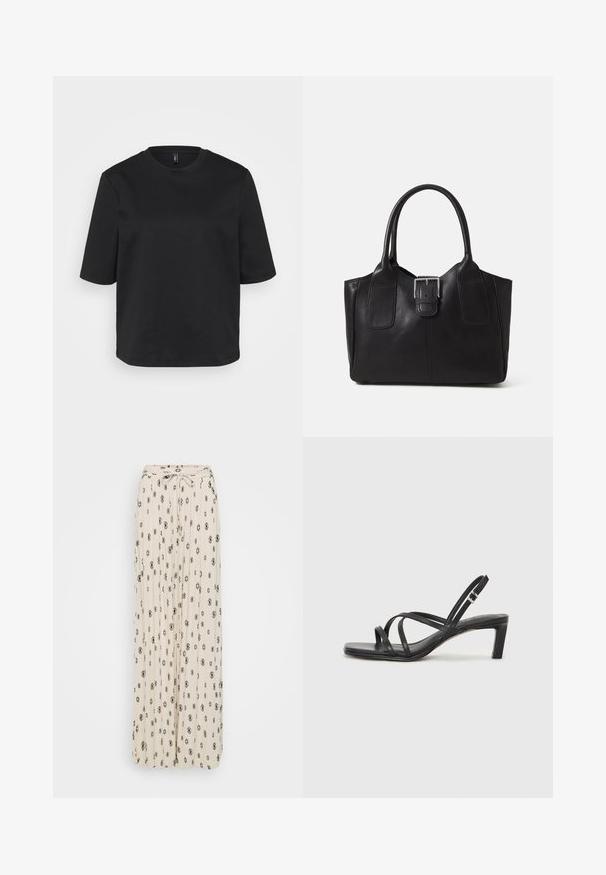 Juoda apvalios iškirptės marškinėliai pagaminti iš medvilnės, su trumpomis rankovėmis ir laisvu siluetu. Lygus tekstūra, be matomų raštų ar akcentų.; Grietinė maxi sijonas su juodais deimantiniais ir gėlių raštais, plisuoto audinio, su surišamu juosmens detalė ir plačiu dizainu.; Juodi šlepetės su kvadratiniu pirštu ir žemu bloku kulnu. Yra keli ploni dirželiai ir reguliuojamas kulkšnies diržas. Pagaminti iš lygios odos.; Juodas odinis nešiojamas krepšys su lygiu paviršiumi, struktūrine forma, dviem rankenėlėmis ir ryškiu sidabriniu sagties akcentu priekyje.