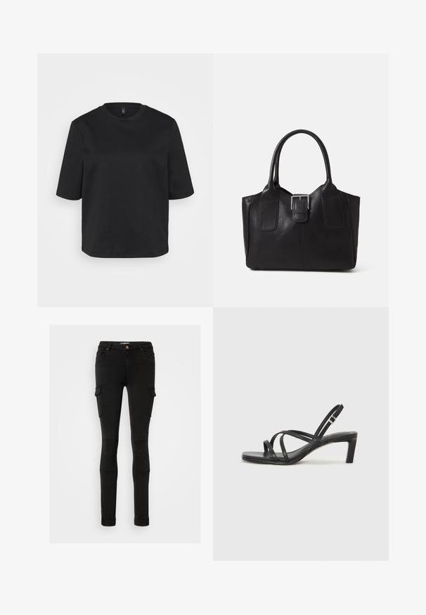 T-shirt preta de gola redonda, feita de algodão, com mangas curtas e um corte descontraído. Textura suave sem padrões ou detalhes visíveis.; ONLY Tall ONLMISSOURI - Calças cargo - black; Sandal de tiras pretas com biqueira quadrada e um pequeno salto bloco. Apresenta várias tiras finas e uma tira no tornozelo ajustável. Feito de couro liso.; Bolsa tote de couro preta com textura suave, forma estruturada, duas alças e um destaque prateado proeminente na parte da frente.