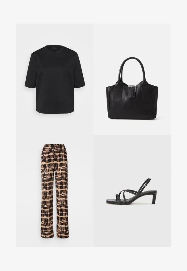 Juoda apvalios iškirptės marškinėliai pagaminti iš medvilnės, su trumpomis rankovėmis ir laisvu siluetu. Lygus tekstūra, be matomų raštų ar akcentų.; Plati kelnių kelnės iš lengvos medžiagos su juoda ir kreminės spalvos abstrakčiu raštu. Reguliuojamas raištelių juosmuo, atsipalaidavęs siluetas.; Juodi šlepetės su kvadratiniu pirštu ir žemu bloku kulnu. Yra keli ploni dirželiai ir reguliuojamas kulkšnies diržas. Pagaminti iš lygios odos.; Juodas odinis nešiojamas krepšys su lygiu paviršiumi, struktūrine forma, dviem rankenėlėmis ir ryškiu sidabriniu sagties akcentu priekyje.