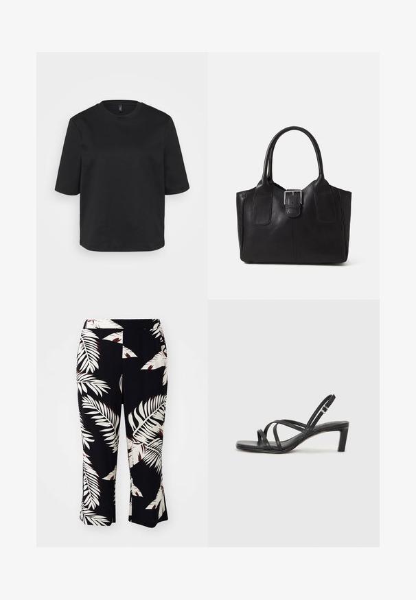 Fekete környakú pamut póló, rövid ujjal és laza fazonnal. Simaszövet, látható minták vagy díszítések nélkül.; Fekete nadrág fehér és piros trópusi levélmintával, élénk fazonú és gumis derekú, sima anyagból készült.; Fekete pántos szandál négyzetes orral és alacsony blokk sarkal. Több vékony pánttal és állítható boka pánttal rendelkezik. Sima bőrből készült.; Fekete bőr bevásárlótáska sima textúrával, strukturált formával, két fogantyúval és egy figyelemfelkeltő ezüst csattal az elején.