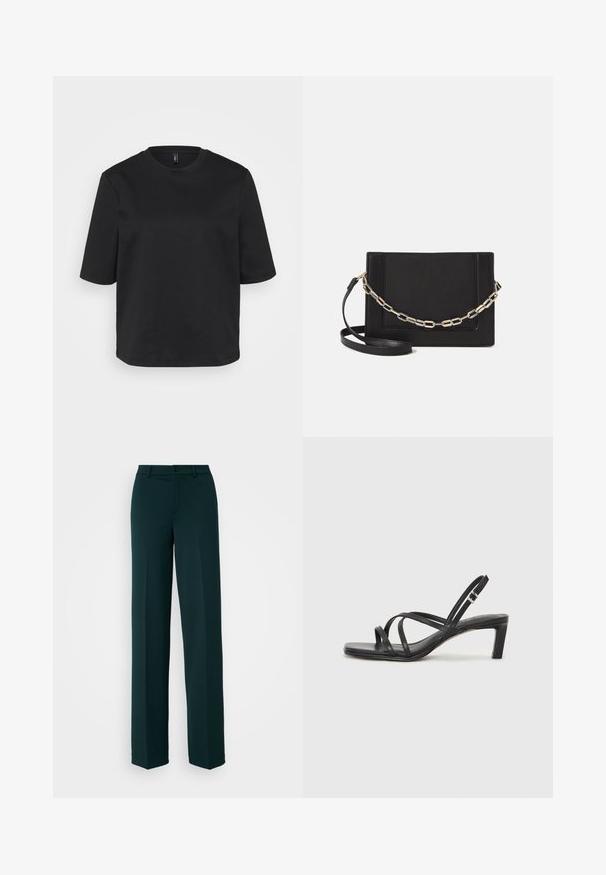 Tricou negru cu gât rotund, din bumbac, cu mâneci scurte și o croială lejeră. Textură netedă, fără modele sau accente vizibile.; ONLY Tall ONLPEACH LIFE WIDE - Pantaloni - scarab; Sandal cu barete negre, cu vârf pătrat și toc mic de bloc. Prezintă mai multe barete subțiri și o bareta ajustabilă la gleznă. Fabricat din piele netedă.; Geantă de umăr din piele neagră, cu o textură netedă, formă rectangulară și un detaliu din lanț metalic în față. Include curea reglabilă.