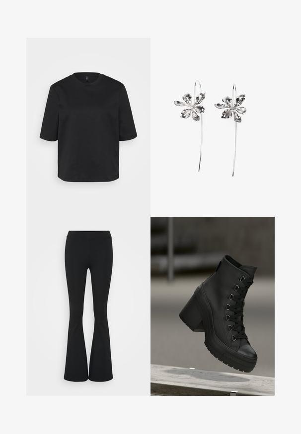 Juoda apvalios iškirptės marškinėliai pagaminti iš medvilnės, su trumpomis rankovėmis ir laisvu siluetu. Lygus tekstūra, be matomų raštų ar akcentų.; Juodai platėjantys kelnių, pagamintų iš tamprių medžiagų, kurie turi aukštą juosmenį ir lygią tekstūrą. Kelnės platėja nuo kelio.; Juodos aukštos platformos aulinukai su tekstūruota oda, priekyje su raišteliais ir storu kulnu. Yra guminis padas su išskirtiniais protektoriaus raštais.; Sidabrinės gėlių formos auskarai su tekstūruotu paviršiumi, turintys ilgas kabliuko formas ir žiedlapiams panašius detalizavimo elementus, sudarantys sudėtingą dizainą.