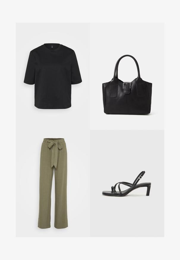 Čierny tričko s okrúhlym výstrihom vyrobené z bavlny, s krátkymi rukávmi a voľným strihom. Hladká textúra bez viditeľných vzorov alebo akcentov.; Olivové široké nohavice s opaskom, vyrobené z textúrovanej tkaniny, s hladkým povrchom a strihom prispôsobeným postave.; Čierne sandále na vysokom podpätku so štvorcovou špičkou a nízkym blokovým podpätkom. Obsahujú viacero tenkých popruhov a nastaviteľný členkový popruh. Vyrobené z hladkej kože.; Čierna kožená taška s hladkou textúrou, štruktúrovaným tvarom, dvoma uchami a výrazným strieborným prackovým detailom na prednej strane.