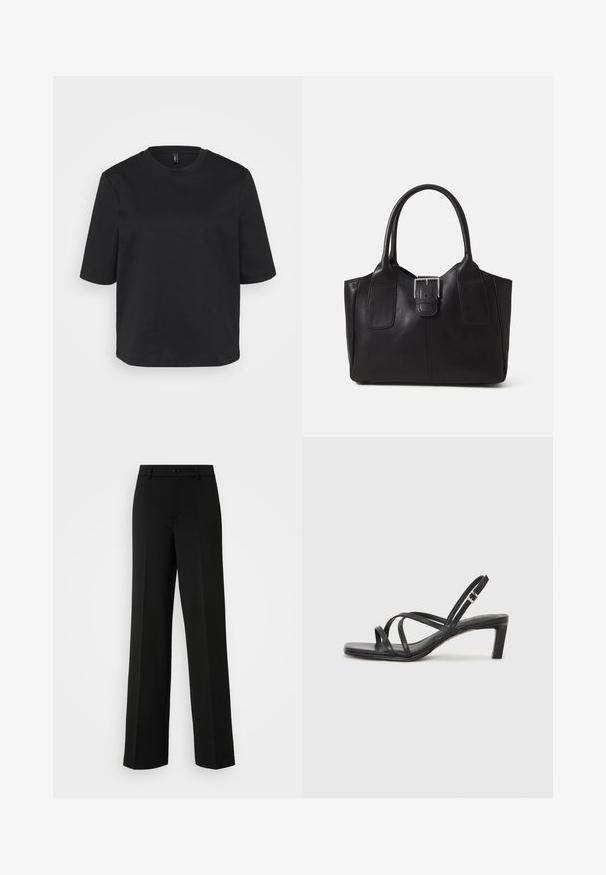 Melnā apģērbojamo crew-neck T-kreklā, izgatavotā no kokvilnas, ir īsas piedurknes un brīvs piegriezums. Gluda tekstūra bez redzamām rakstām vai akcentiem.; ONLY Tall ONLPEACH LIFE WIDE - Auduma bikses - black; Melnas strappy sandales ar kvadrātveida purngaliem un zemu bloku papēdi. Ievērojamas ar vairākiem plāniem siksniņām un regulējamu potītes siksniņu. Izgatavotas no gludas ādas.; Melnas ādas somiņa ar gludu tekstūru, strukturētu formu, divām rokturām un izteiktu sudraba sprādzi priekšpusē.