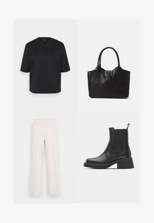 Čierny tričko s okrúhlym výstrihom vyrobené z bavlny, s krátkymi rukávmi a voľným strihom. Hladká textúra bez viditeľných vzorov alebo akcentov.; Svetlé béžové nohavice s širokými nohavicami, vyrobené z jemnej tkaniny, s hladkým pásom a viditeľným švom pozdĺž prednej strany.; Čierne kožené členkové topánky s elastickými bočnými panelmi, zaoblenou špičkou a robustným blokovým opätkom. Hladká textura s minimalistickým dizajnom.; Čierna kožená taška s hladkou textúrou, štruktúrovaným tvarom, dvoma uchami a výrazným strieborným prackovým detailom na prednej strane.