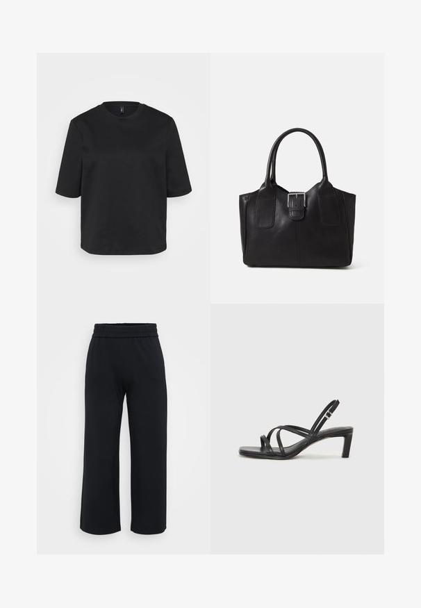 Črno majico s kratkimi rokavi iz bombaža z okrožnim ovratnikom, ki ima sproščen kroj. Gladka tekstura brez vidnih vzorcev ali akcentov.; Črne široke hlače s elastičnim pasom, narejene iz mehke tkanine. Imajo gladko teksturo in ohlapen, udoben kroj.; Črne natikače s trakovi in kvadratnim prstom ter nizkim blokastim peto. Imajo več tankih trakov in nastavljiv trak okoli gležnja. Narejene so iz gladkega usnja.; Črna usnjena torba s gladko teksturo, strukturirano obliko, dvema ročkama in izrazitim srebrnim sponko na sprednji strani.