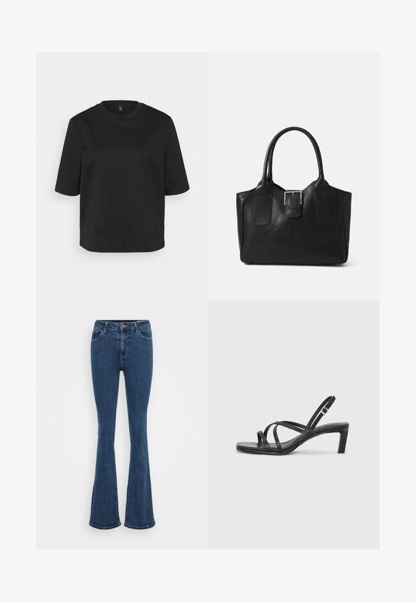 T-shirt preta de gola redonda, feita de algodão, com mangas curtas e um corte descontraído. Textura suave sem padrões ou detalhes visíveis.; Calças de denim com flare em azul escuro, apresentando um design clássico de cinco bolsos, costura em contraste e fecho por botão na cintura.; Sandal de tiras pretas com biqueira quadrada e um pequeno salto bloco. Apresenta várias tiras finas e uma tira no tornozelo ajustável. Feito de couro liso.; Bolsa tote de couro preta com textura suave, forma estruturada, duas alças e um destaque prateado proeminente na parte da frente.