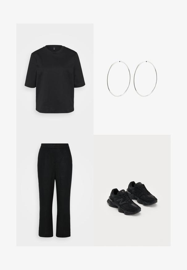 Must t-särk, millel on ümmargune kaelus, valmistatud puuvillast, lühikeste varrukatega ja lõdva lõikega. Sile tekstuur, ilma nähtavate mustrite või aktsendita.; Mustad lina püksid sirge lõikega, keskmise tõusuga vöökoht ja lühike pikkus, millel on sile tekstuur ja nähtamatud kinnitused.; Mustad mustrehilised jalatsid mustas värvitoonis, millel on tekstuuriga pealmine pind, esikohal asuva silmapaistva "N" logo, pehmendustega tald ja voolav, modernne siluett.; Hõbedased rõngaskõrvarõngad, millel on sujuv, ümmargune disain ja poleeritud viimistlus. Need on õhukesed ja kerged, omades lihtsat klambrit.