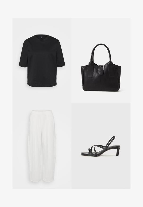Crna majica s okruglim izrezom i kratkim rukavima napravljena od pamuka, s ležernim krojem. Glatka tekstura bez vidljivih uzoraka ili akcenta.; Bijele hlače širokog kroja sa opuštenim siluetom, izrađene od teksturiranog materijala. Imaju elastičan pojas i ravno krojenje nogavica.; Crne sandale s trakama, kvadratnim prstom i niskom blok petom. Ima više tankih trakica i podesivu trakicu oko gležnja. Izrađene su od glatke kože.; Crna kožna torba za nošenje s glatkom teksturom, strukturiranim oblikom, dvije ručke i istaknutim srebrnim kopčanjem na prednjoj strani.