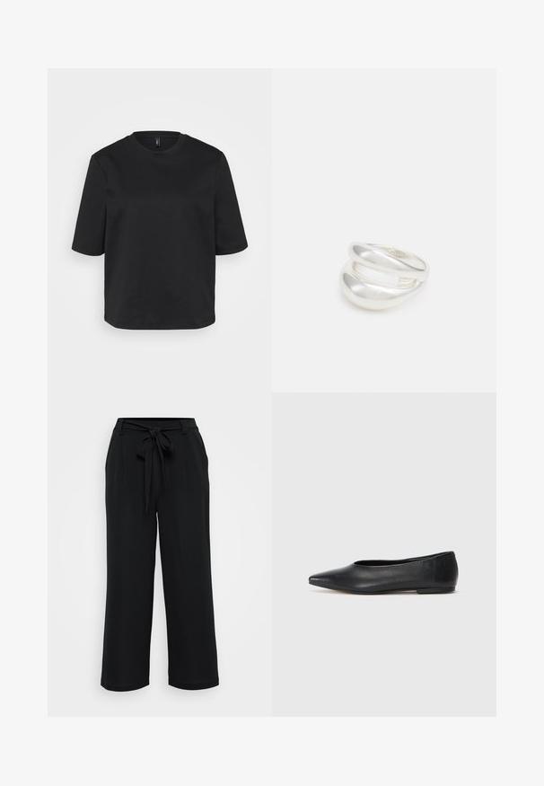 Must t-särk, millel on ümmargune kaelus, valmistatud puuvillast, lühikeste varrukatega ja lõdva lõikega. Sile tekstuur, ilma nähtavate mustrite või aktsendita.; Mustad laiad püksid pehmest kangast. Omavad ees sidumisrihmaga vööd, voltimist ja allääre viimistlust, pakkudes lõdvet siluetti.; Musthave mustris balletkingad, terav nina, minimaliseeritud disain, sile pind, madal konts, ilma nähtava riistvara või kaunistusteta.; Hõbedane kahekordne rõngas sujuva, poleeritud pinnaga. Omab voolavat, kõverat disaini, millel on kattuvad sektsioonid, et saavutada kaasaegne ilme.