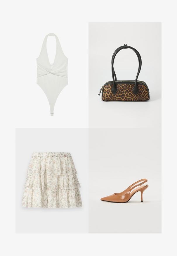 Body alb cu guler tip halter, cu un decolteu adânc în V și un design cu nod în față. Confecționat dintr-un material neted și elastic, prezintă un croi tip thong.; Fustă albă cu un design stratificat, cu volane. Are un model floral delicat în nuanțe de roz și verde. Talie elastică pentru confort.; Pantofii cu toc slingback, cu vârful ascuțit, dintr-un material tan neted și strălucitor. Prezintă un design cu decupaj curbat și un toc subțire stil stiletto. Detaliu cu cataramă argintie.; Geantă de mână cu imprimeu leopard, bază din piele ecologică neagră, manere superioare duale, fermoar aurit și capse accentuate din piele ecologică neagră. Formă rectangulară.