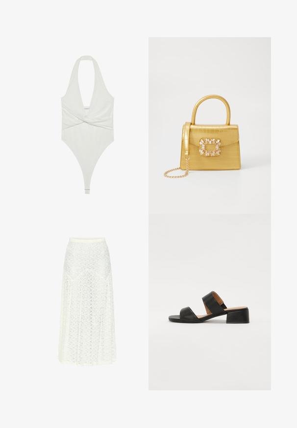 White halter neck bodysuit with a plunging V-neck and twist front design. Crafted from a smooth, stretchy fabric, features a thong cut.; Lace midi skirt in white with a lightweight, textured fabric. Features a flared silhouette and scalloped edges for added detail.; Black leather sandal with two wide straps across the foot, a square toe, and a low block heel. Smooth texture and minimal design.; Yellow faux-crocodile handbag with a structured design, top handle, detachable chain strap, and decorative crystal embellishment on the clasp.