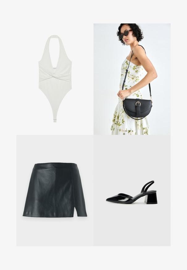 Hvit halterneck bodysuit med dyp V-hals og vridd frontdesign. Laget av et glatt, elastisk stoff, har thong-kutt.; Svart skinnminiskjørt med tettsittende fasong og svak sidesplitt. Den glatte teksturen og de rene kantene fremhever det minimalistiske designet.; Svarte patentlær slingback hæler med spiss tå og geometrisk blokk hæl. Har et stilrent, minimalistisk design og jevn tekstur.; Svart lærveske med en buet form, avtagbar stropp og gullbeslag. Vesken har et klaff med spenne-detall.