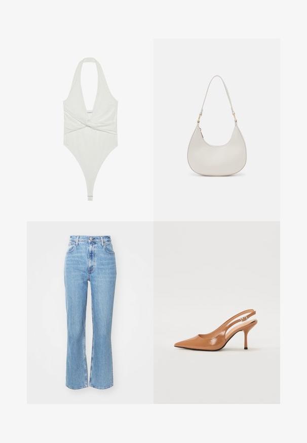 White halter neck bodysuit with a plunging V-neck and twist front design. Crafted from a smooth, stretchy fabric, features a thong cut.; Light blue high-waisted jeans with a flared leg. Made of denim, featuring five pockets and a button front closure. Faded texture.; Pointed toe slingback heel in a smooth, glossy tan material. Features a curved cutout design and a slender stiletto heel. Silver buckle detail.; Cream leather shoulder bag with a crescent shape, thin strap, and subtle stitching detail. Minimalist design with gold-tone hardware accents.