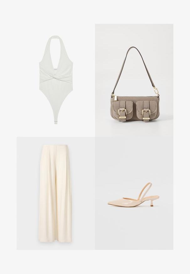 Valge riidekaelusega bodysuit, millel on sügav V-kujuline kaelus ja keerduv eesmine disain. Valmistatud siledast ja venivast kangast, omab stringi lõiget.; Norma Kamali MENS PLEAT  - Püksid - cream; Beežist lakitud nahast slingback kontsad terava nina ja peene ruudukujulise kontsaga. Sile tekstuur ja minimalistlik disain ilma kaunistusteta.; Beez tekstuuriga käekott reguleeritava rihmaga, kahe esikoti ja lukuga, mis on kindlustatud pandlatega, ning kuldsete detailidega. Ülemine luku sulgemine.